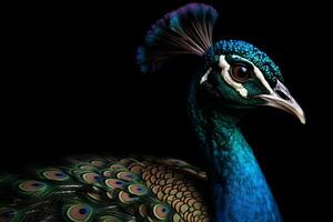 pavo real en un oscuro antecedentes. ai generativo foto