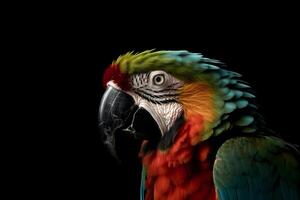 guacamayo loro en oscuro antecedentes. ai generativo foto