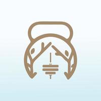 wood buildings with fitness dumbbell icon logo design. vector