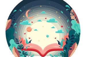 Open interesting book, interesting stories concept in a book, World Book Day or Children's Book Day, abstract patterns, leaves, decorative elements vector