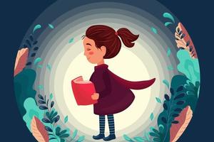 Girl reading an interesting book, immersive book concept, interesting stories, World Book Day or Children's Book Day, abstract patterns, leaves, decorative elements vector