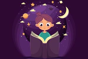 un niña leyendo un interesante libro a noche o tarde a noche, lectura, el concepto de inmersión en un libro, interesante cuentos, mundo libro día o para niños libro día vector