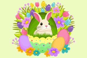 Easter illustration with a rabbit, flowers, Easter eggs, background, banner, seasonal card, Spring, Vector