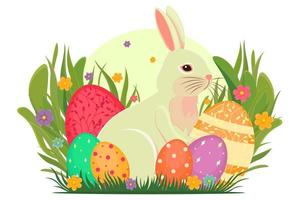 Easter illustration with a rabbit, flowers, Easter eggs, background, banner, seasonal card, Spring, Vector