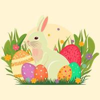 Pascua de Resurrección ilustración con un conejo, flores, Pascua de Resurrección huevos, fondo, bandera, estacional tarjeta, primavera, vector