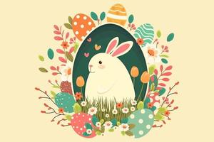 Easter illustration with a rabbit, flowers, Easter eggs, background, banner, seasonal card, Spring, Vector