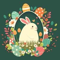 Easter illustration with a rabbit, flowers, Easter eggs, background, banner, seasonal card, Spring, Vector