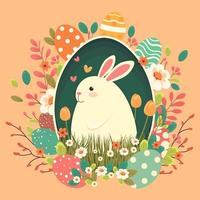 Pascua de Resurrección ilustración con un conejo, flores, Pascua de Resurrección huevos, fondo, bandera, estacional tarjeta, primavera, vector