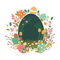 Easter illustration with a rabbit, flowers, Easter eggs, background, banner, seasonal card, Spring, Vector