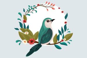 Illustration with beautiful bird and flowers, leaves, nature, abstract leaf patterns, illustration, spring illustration vector