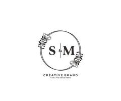 initial SM letters hand drawn feminine and floral botanical logo suitable for spa salon skin hair beauty boutique and cosmetic company. vector