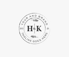 initial HK letters floral frames. Botanical feminine editable premade monoline unique decoration for greeting card, wedding invitation. vector