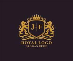 Initial JF Letter Lion Royal Luxury Logo template in vector art for Restaurant, Royalty, Boutique, Cafe, Hotel, Heraldic, Jewelry, Fashion and other vector illustration.