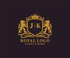 Initial JK Letter Lion Royal Luxury Logo template in vector art for Restaurant, Royalty, Boutique, Cafe, Hotel, Heraldic, Jewelry, Fashion and other vector illustration.