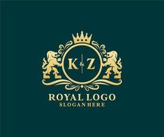 Initial KZ Letter Lion Royal Luxury Logo template in vector art for Restaurant, Royalty, Boutique, Cafe, Hotel, Heraldic, Jewelry, Fashion and other vector illustration.