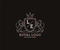 Initial LE Letter Lion Royal Luxury Logo template in vector art for Restaurant, Royalty, Boutique, Cafe, Hotel, Heraldic, Jewelry, Fashion and other vector illustration.