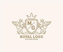 Initial MG Letter Lion Royal Luxury Heraldic,Crest Logo template in vector art for Restaurant, Royalty, Boutique, Cafe, Hotel, Heraldic, Jewelry, Fashion and other vector illustration.