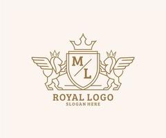 Initial ML Letter Lion Royal Luxury Heraldic,Crest Logo template in vector art for Restaurant, Royalty, Boutique, Cafe, Hotel, Heraldic, Jewelry, Fashion and other vector illustration.