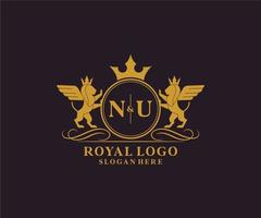 inicial nu letra león real lujo heráldica,cresta logo modelo en vector Arte para restaurante, realeza, boutique, cafetería, hotel, heráldico, joyas, Moda y otro vector ilustración.