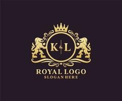 Initial KL Letter Lion Royal Luxury Logo template in vector art for Restaurant, Royalty, Boutique, Cafe, Hotel, Heraldic, Jewelry, Fashion and other vector illustration.