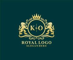 Initial KO Letter Lion Royal Luxury Logo template in vector art for Restaurant, Royalty, Boutique, Cafe, Hotel, Heraldic, Jewelry, Fashion and other vector illustration.