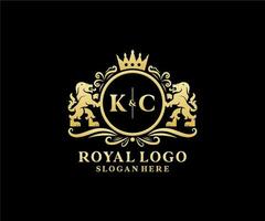 Initial KC Letter Lion Royal Luxury Logo template in vector art for Restaurant, Royalty, Boutique, Cafe, Hotel, Heraldic, Jewelry, Fashion and other vector illustration.