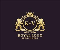 Initial KV Letter Lion Royal Luxury Logo template in vector art for Restaurant, Royalty, Boutique, Cafe, Hotel, Heraldic, Jewelry, Fashion and other vector illustration.