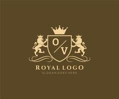 Initial OV Letter Lion Royal Luxury Heraldic,Crest Logo template in vector art for Restaurant, Royalty, Boutique, Cafe, Hotel, Heraldic, Jewelry, Fashion and other vector illustration.