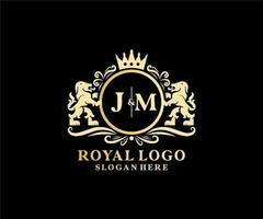 Initial JM Letter Lion Royal Luxury Logo template in vector art for Restaurant, Royalty, Boutique, Cafe, Hotel, Heraldic, Jewelry, Fashion and other vector illustration.