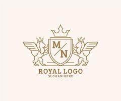 Initial MN Letter Lion Royal Luxury Heraldic,Crest Logo template in vector art for Restaurant, Royalty, Boutique, Cafe, Hotel, Heraldic, Jewelry, Fashion and other vector illustration.