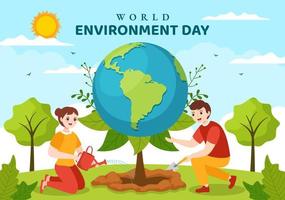 World Environment Day Illustration with Green Tree and Animals in Forest for Save the Planet or Taking Care of the Earth in Hand Drawn Templates vector