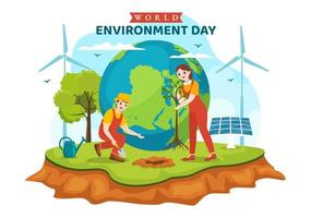 World Environment Day Illustration with Green Tree and Animals in Forest for Save the Planet or Taking Care of the Earth in Hand Drawn Templates vector