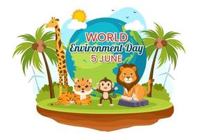 World Environment Day Illustration with Green Tree and Animals in Forest for Save the Planet or Taking Care of the Earth in Hand Drawn Templates vector