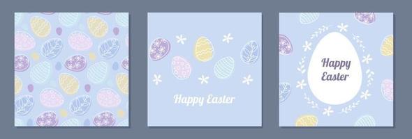 Easter square backgrounds set. Ornate eggs and floral pattern, border and frame design collection in pastel color shades. Holiday vector illustration.