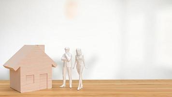 el hogar madera y figura en mesa para propiedad o inmuebles concepto 3d representación foto