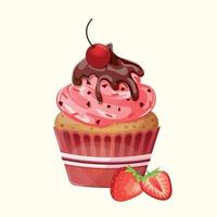 Strawberry cupcake with pink cream, sprinkles, chocolate topping, cherries and strawberries. Cute cartoon chocolate strawberry muffin. Illustration for confectioner or pastry shop vector