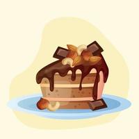 Chocolate brown cake with cocoa topping, nuts and chocolate pieces on the plate. Cute cartoon nut cake with cocoa flavor. Illustration for confectioner or pastry shop vector