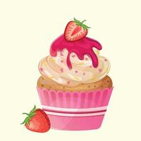 Strawberry cupcake with white cream, sprinkles, pink topping and strawberries. Cute cartoon pink strawberry muffin. Illustration for confectioner or pastry shop vector