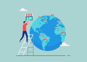 Growing business to global market concept, smart businessman expand store fronts around the world, open franchise business opportunity to expand shops or business retails vector