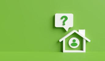 Ecological home information service. Admin icon shows question mark in house on green background with copy space. Career and service, green home project saving energy for environment. 3D rendering photo