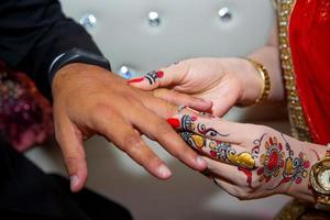 A bride is wearing a ring on the groom's finger. Indian Wedding. photo