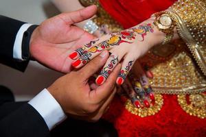 A groom puts the ring on the finger of bride. Indian Wedding. photo