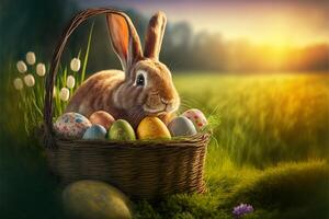 Cute Easter Buny sitting with Easter eggs images for Easter day photo