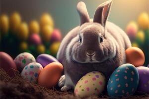 Cute Easter Buny sitting with Easter eggs images for Easter day photo