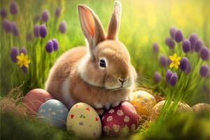 Cute Easter Buny sitting with Easter eggs images for Easter day photo