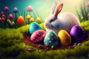 Cute Easter Buny sitting with Easter eggs images for Easter day photo