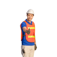 ingegnere uomo, lavoratore nel difficile cappello con mostrando pollici su png