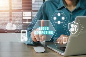Cloud computing concept, Business person hand touching cloud computing icon on virtual screen, Backup Storage Data Internet, networking and digital, Share global, technology concept. photo