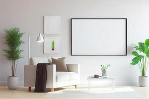 Frame Mockup Hanging On The Wall In Minimalist Interior Room. photo