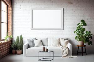 Frame Mockup Hanging On The Wall In Minimalist Interior Room AI Generated photo